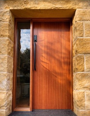 Timber front door set in stone facade