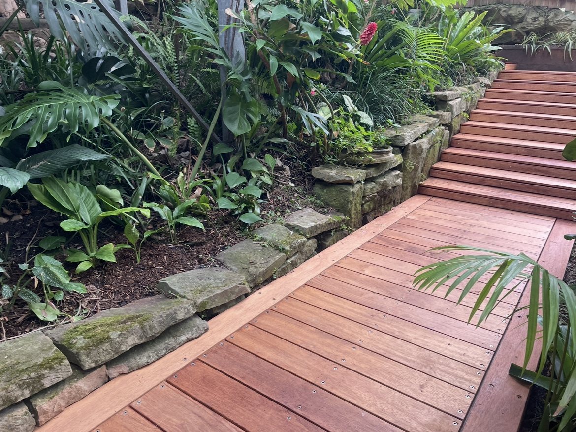 Garden boardwalk winding through tropical planting