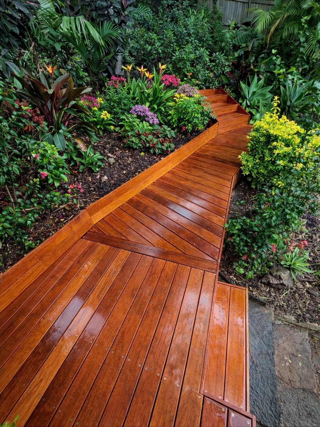 Timber garden boardwalk and steps through tropical planting