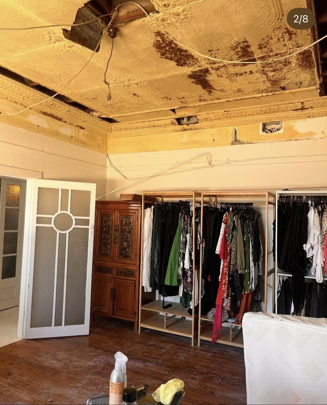 Before: original pressed metal ceiling in disrepair