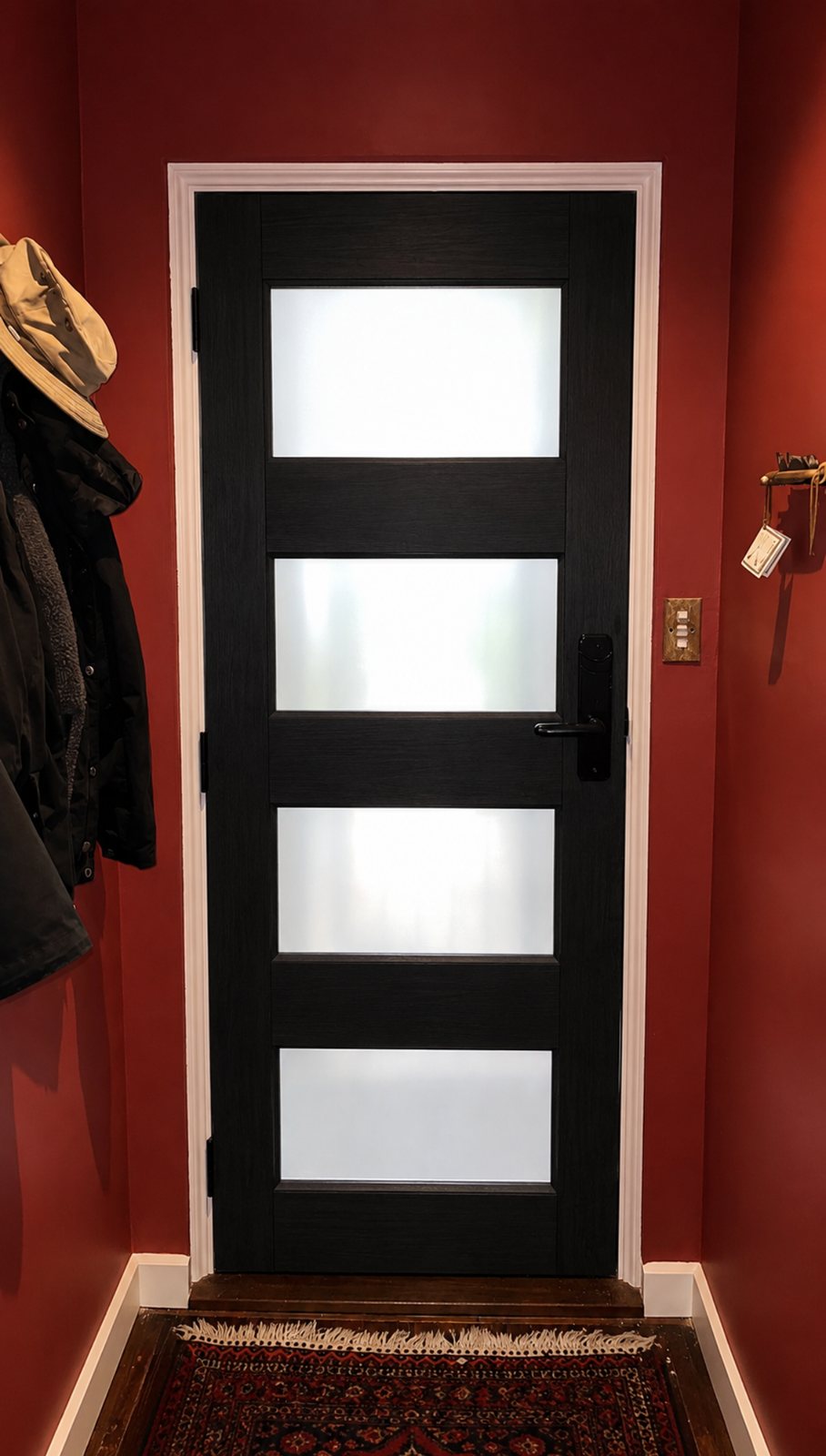 Black 4-panel frosted glass interior door