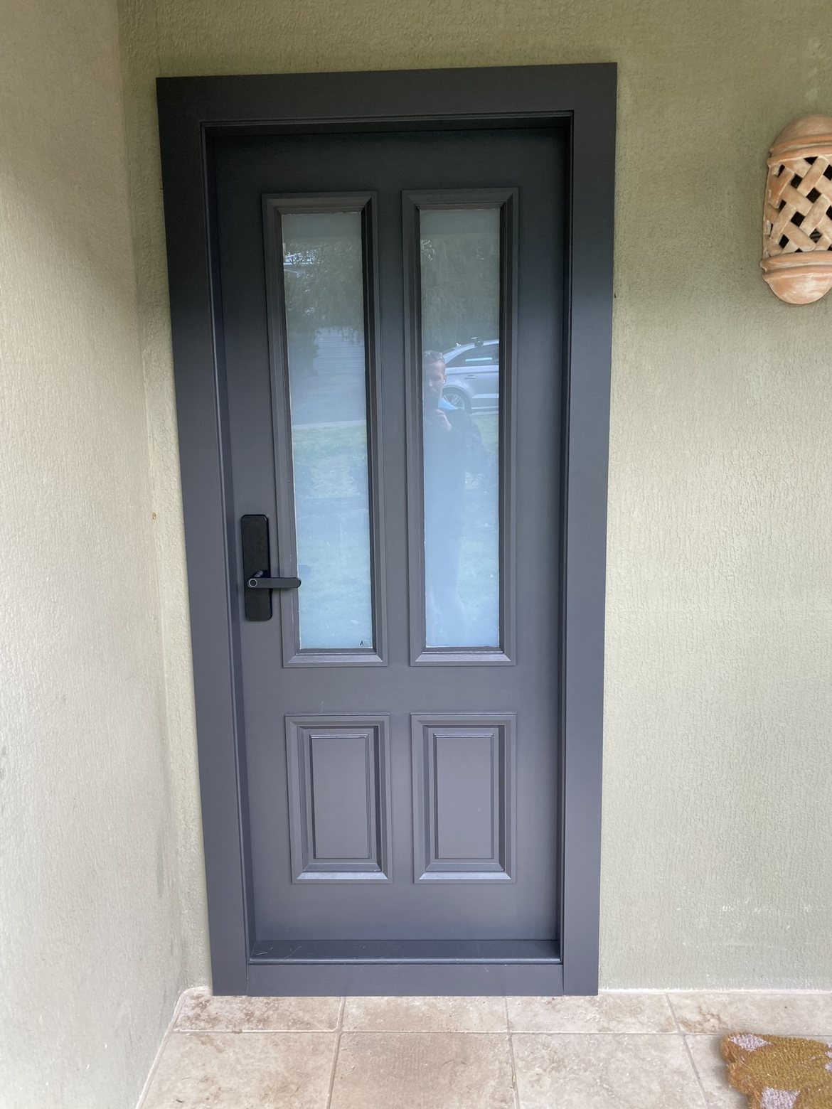 Charcoal aluminium front door with glass panels