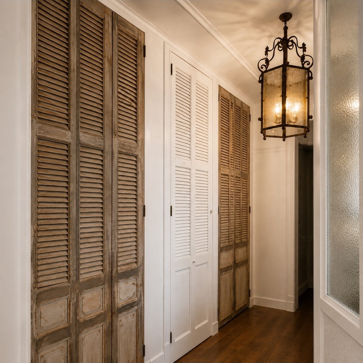 After: reclaimed louvered wardrobe doors in a hallway