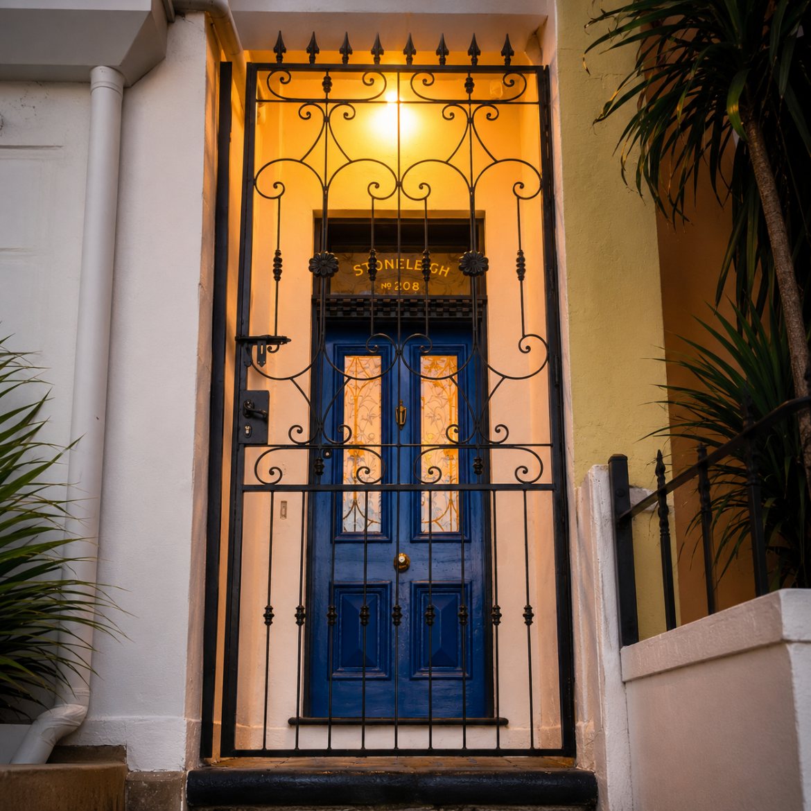 Blue front door behind an ornate iron security gate at night