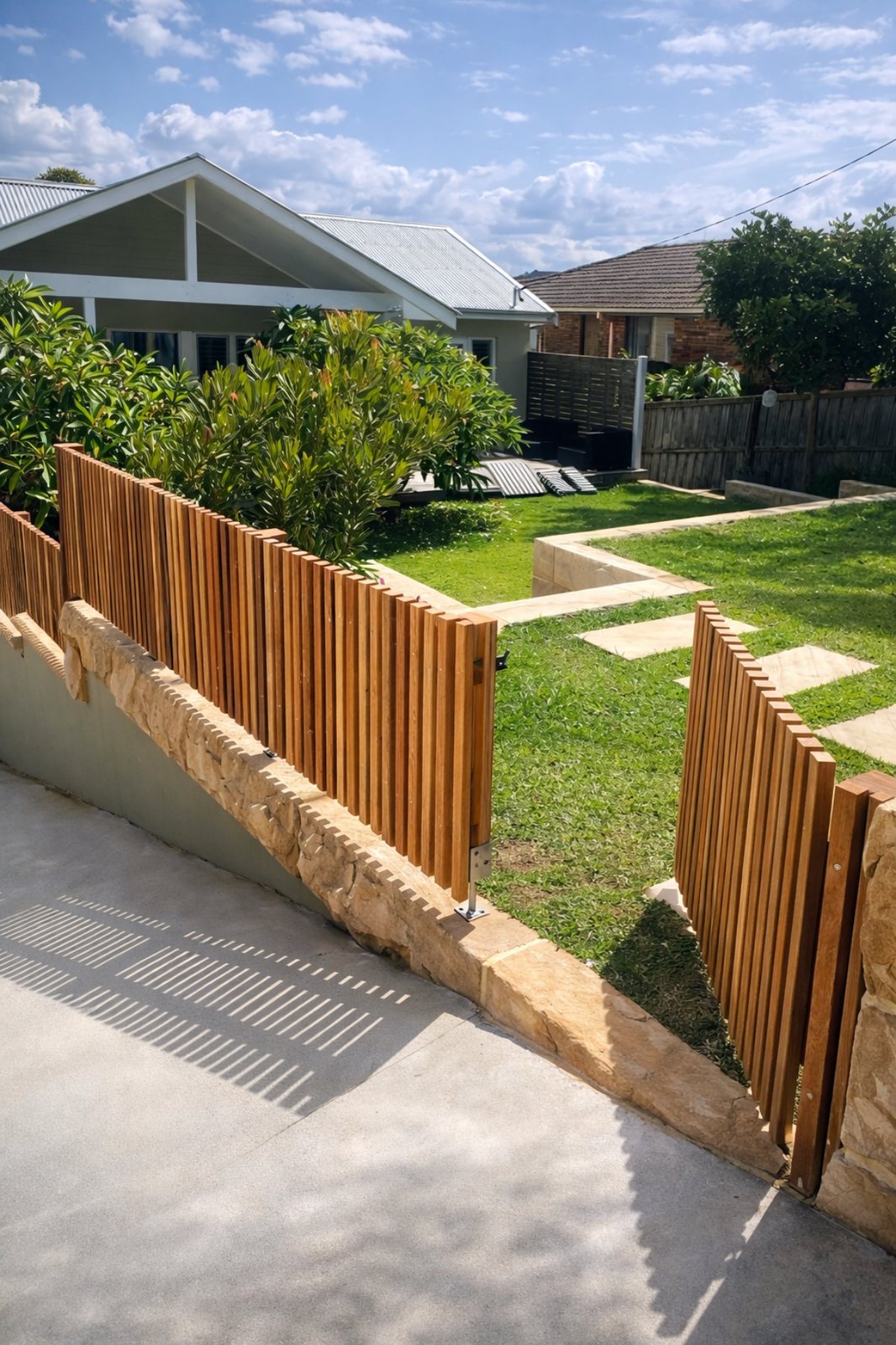 Timber slat privacy fence on a sandstone wall, coastal garden