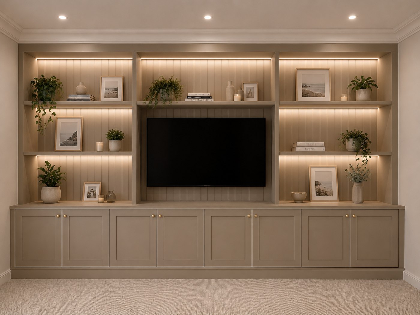After: built-in media wall with cream cabinetry and LED shelving