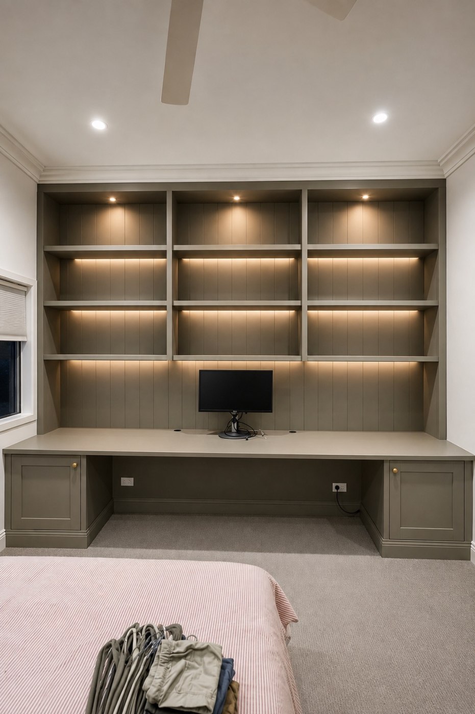 After: built-in olive shelving and desk with LED lighting