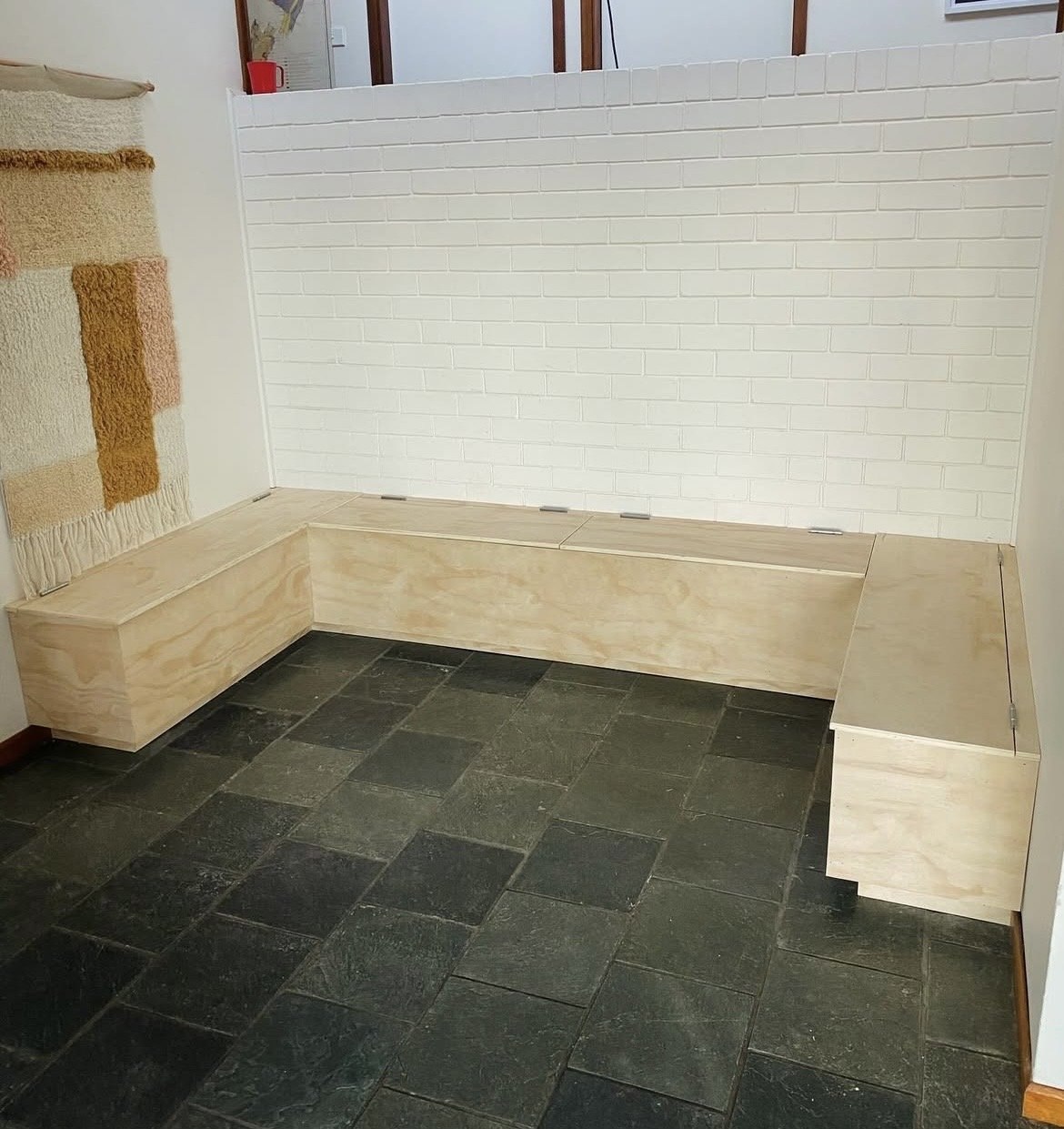 Built-in plywood bench seating