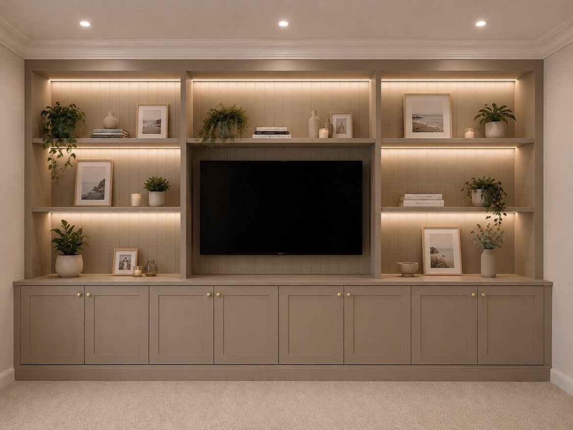 Built-in TV wall unit with shelving, taupe cabinetry