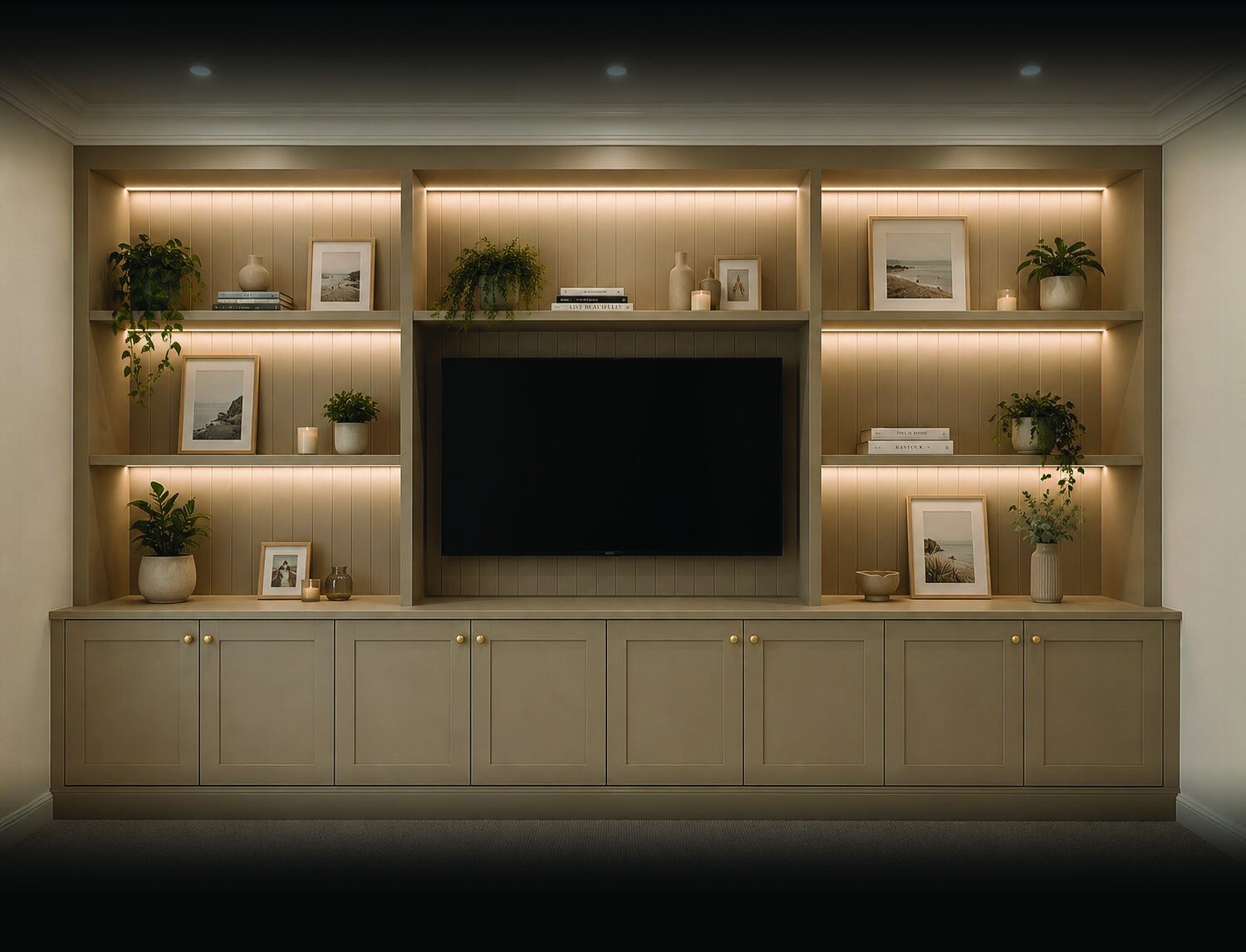 Custom built-in media wall by Goat Carpentry