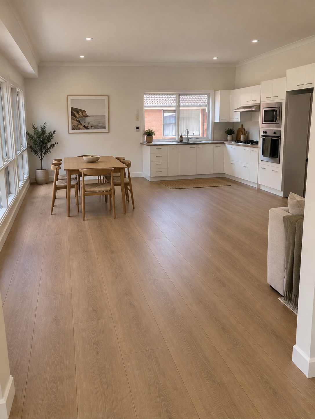 Finished open plan living space with new timber flooring